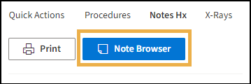 Notes Hx tab with a yellow highlight box around the Note Browser button.